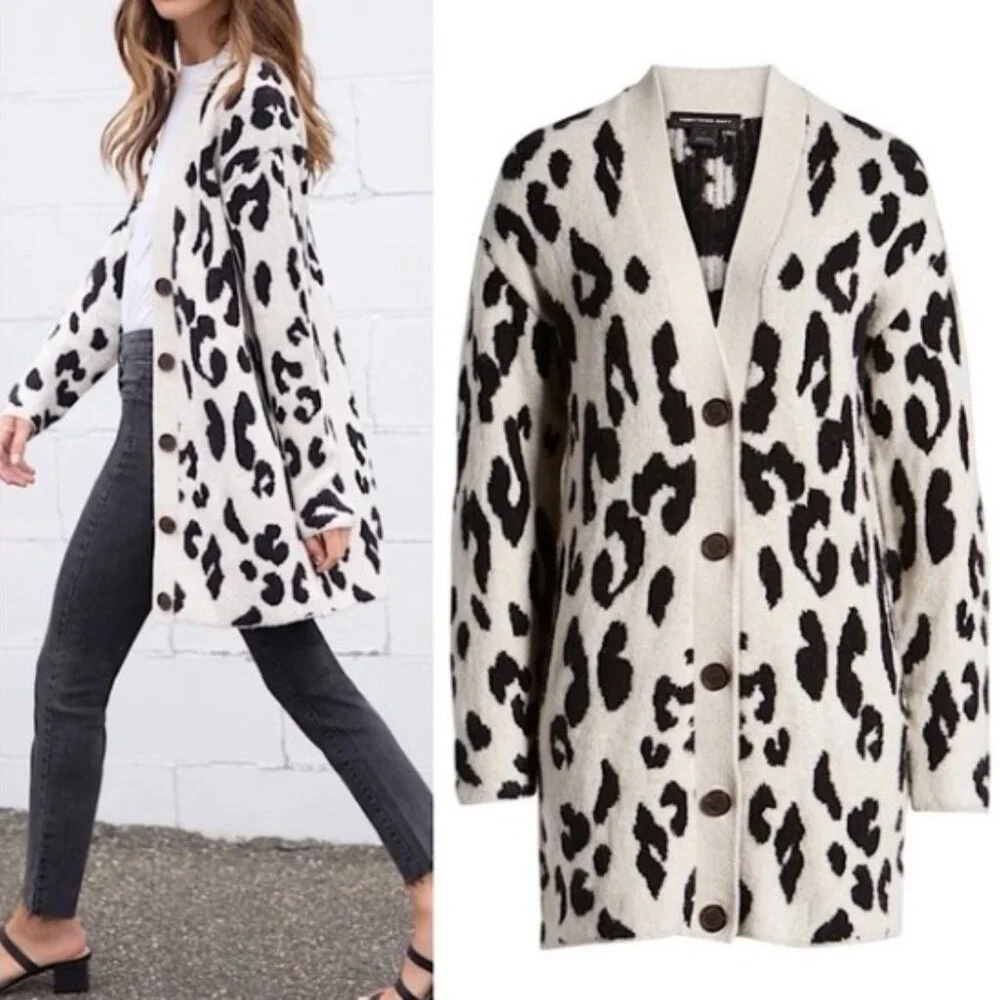 Leopard Print Long Line V-Neck Button Front Cardigan by Something Navy - M